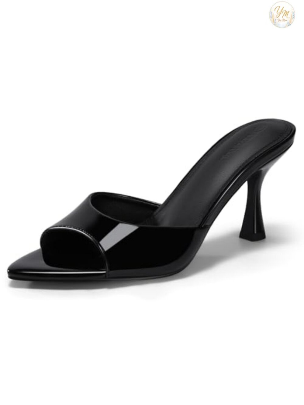 Kitten Heel Mules Faux Patent Leather Pointed Peep Toe Slip On Heeled Sandals